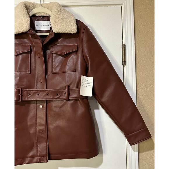 Rebecca Minkoff Faux Leather Jacket Chestnut Size Small NWT Shearling Collar - Picture 6 of 14